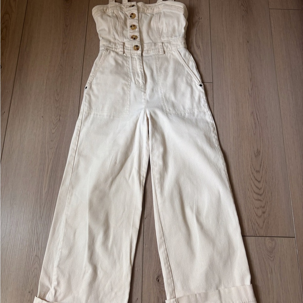 Urban Outfitters Cream Strapless Wide-Leg Jumpsuit with Button Front